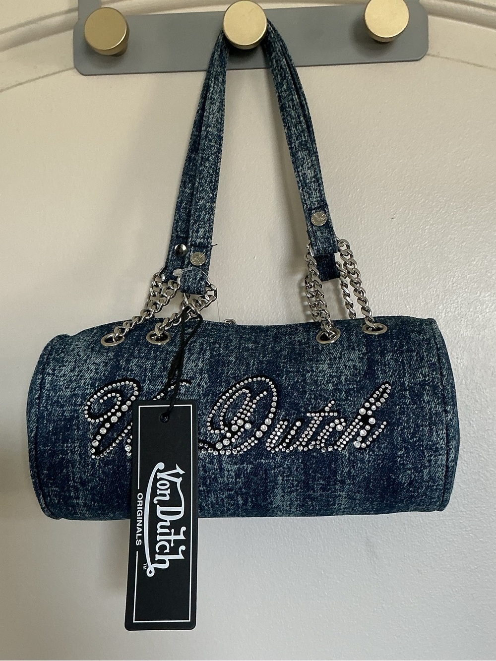 Von Dutch Denim Mini Barrel Bag in Blue with Crystal Logo
